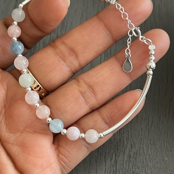 Solid Sterling Silver Natural Morganite 925 Silver Bracelet E8-32 - Picture 6 of 7